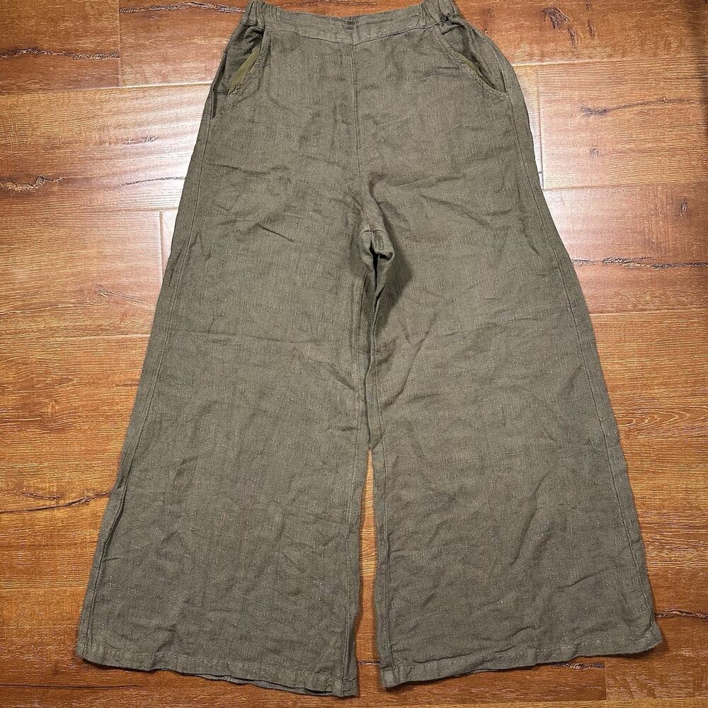 CP Shades Extra Wide Leg Pants Womens M Olive Green 100% Linen Contemporary USA